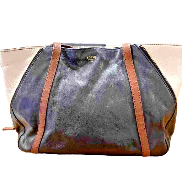 Boho Fossil Black & Brown Leather Tote Purse Hobo Bag Expandable Side Zippers - Picture 2 of 10